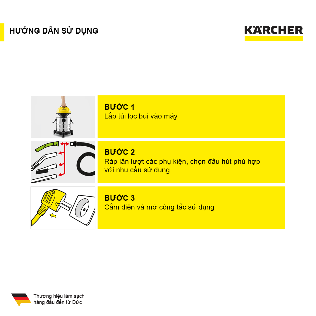 Máy hút bụi đa năng khô và ướt Karcher chính hãng WD 1s Classic công suất 1300W dung tích 18l thép không gỉ (Hàng chính hãng)