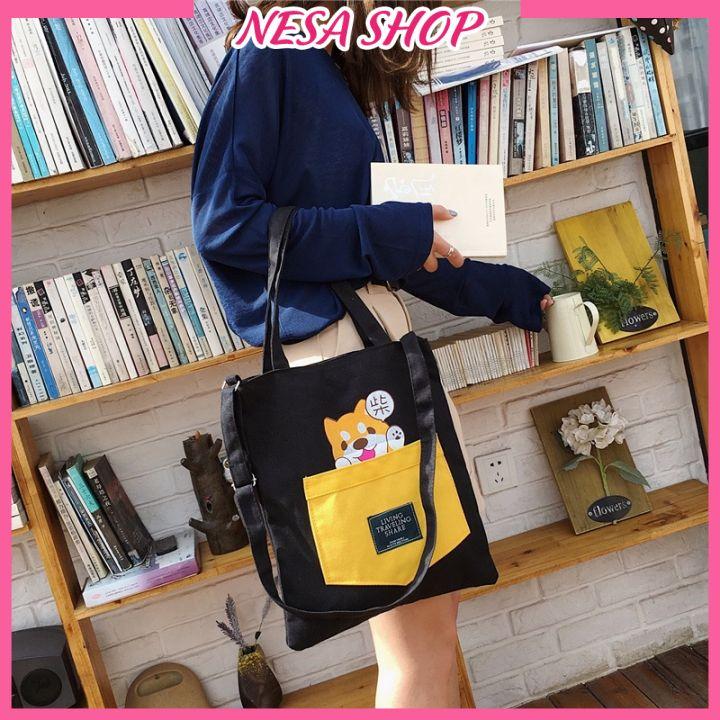 Túi Tote Canvas in hình Cún LiVing NeSa Shop, túi đeo chéo nữ, chất liệu vải canvas, phong cách trẻ trung