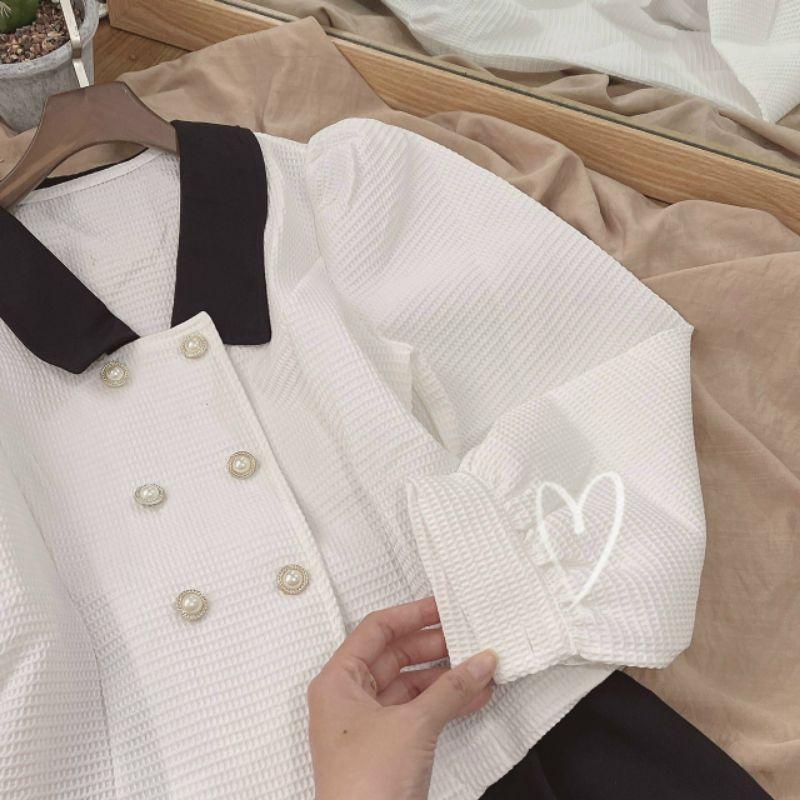 SET ÁO GẤM CỔ PHỐI chân váy MIDI