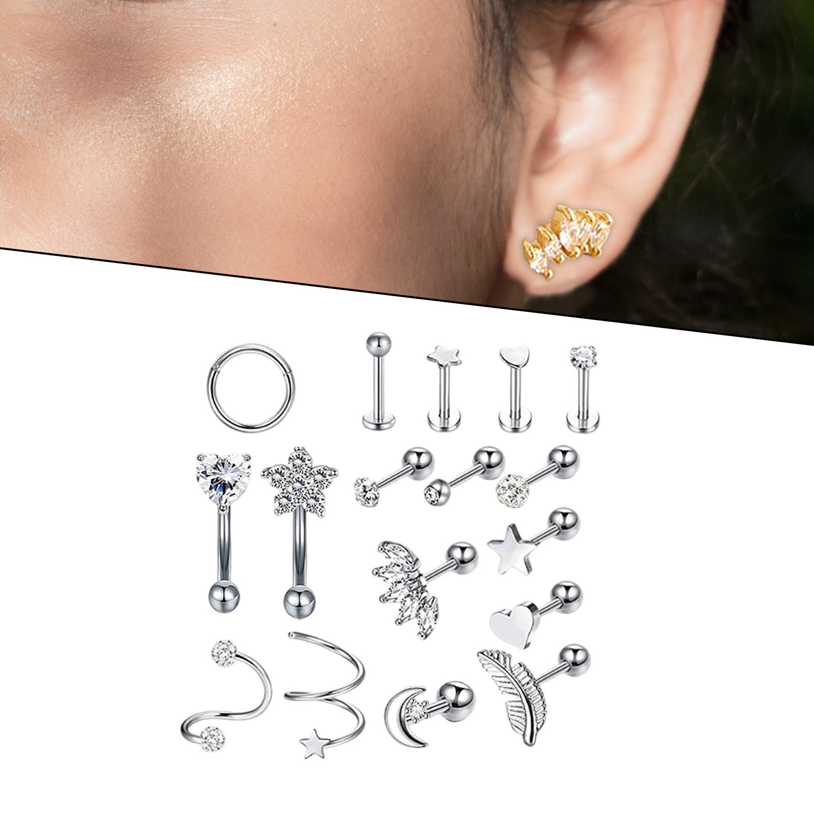 17Pcs Stainless Steel Earrings Set, Piercing Studs Piercing Jewelry, Earring Hoops, Barbell Stud, Heart Star Moon Earrings Hoop Stud Gifts