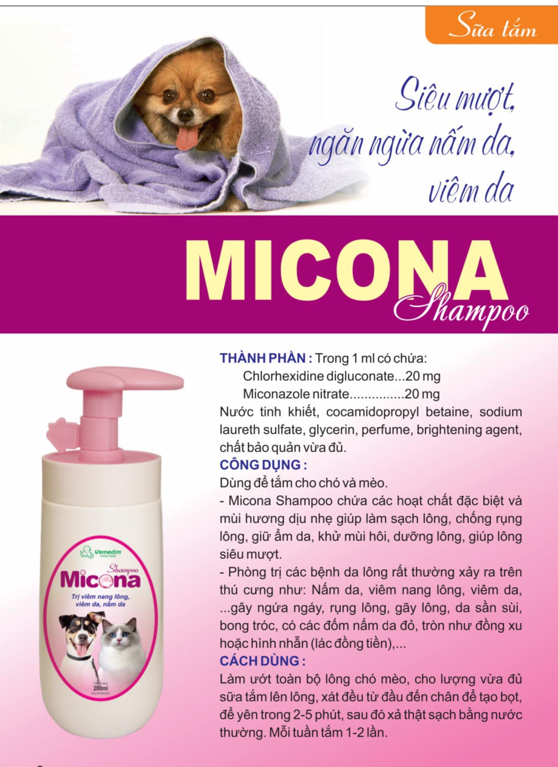 Sữa tắm cho chó mèo trị nấm da, viêm da Micona Vemedim 200ml