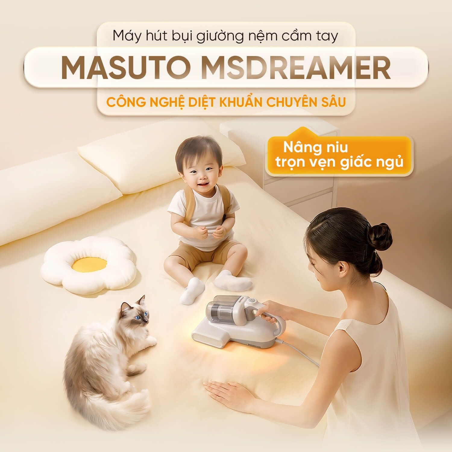 Máy hút bụi giường nệm cầm tay Masuto MSDreamer - UV diệt khuẩn, 2 buồng lọc bụi Cyclone Hepa, lực hút mạnh 13000Pa - Hàng chính hãng
