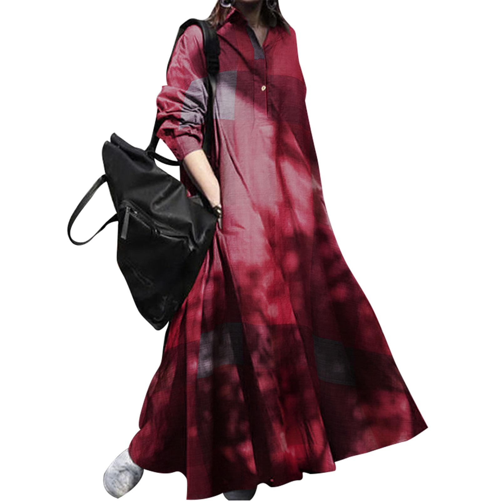 Women Cotton Vintage Plaid Dress Turn Down Collar Long Sleeve Side Pocket Casual Loose Plus Size Robe Gown