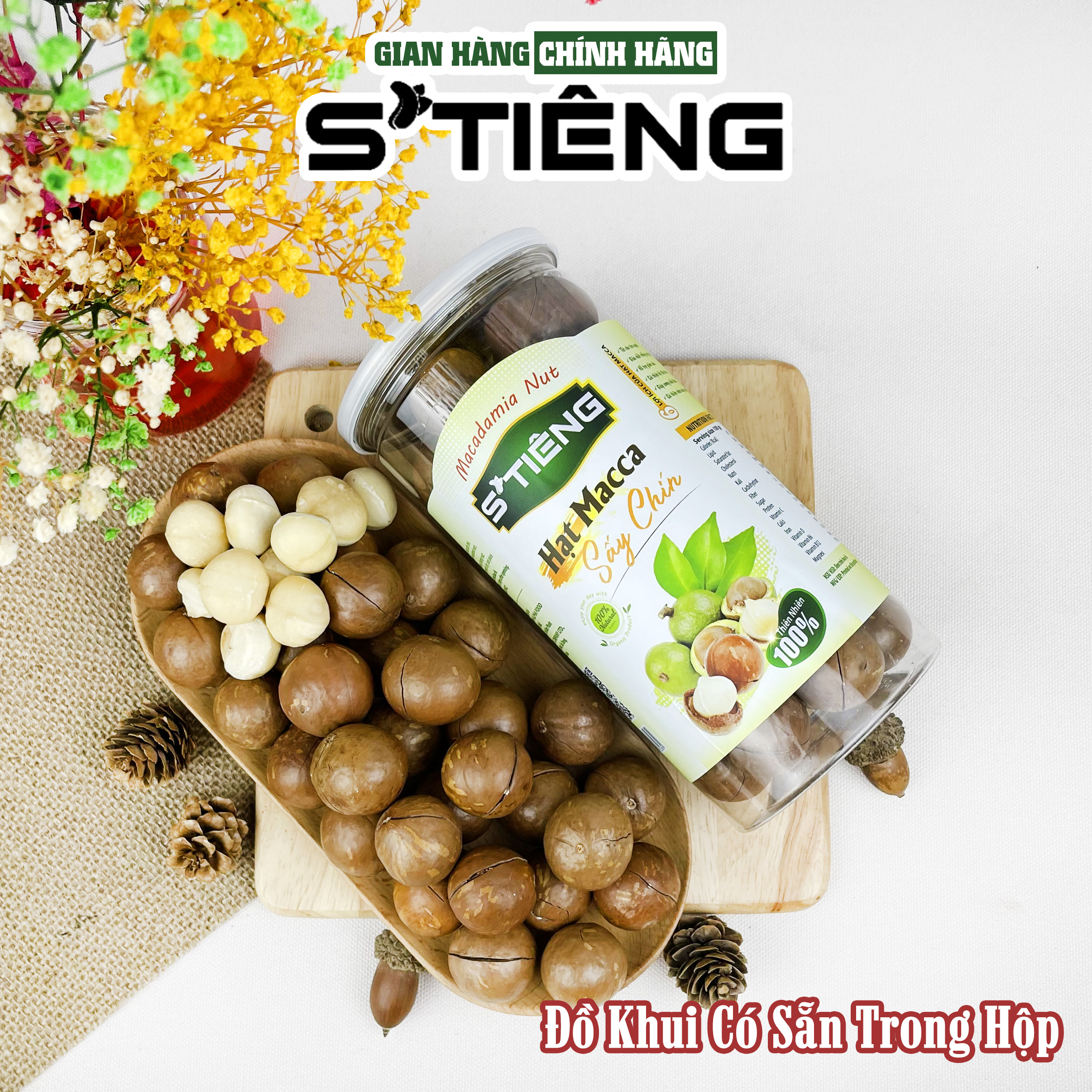 500Gr Hạt Macca Nứt Vỏ Sấy Chín S'TIÊNG Giòn Ngon Hộp Pet