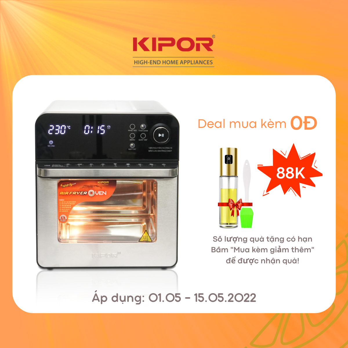 Nồi chiên không dầu KIPOR KP-AF657 - 15L - Lò nướng điển tử công nghệ RAPID AIR nhiệt tối đa 230 độ lòng nồi inox 304- Hàng chính hãng