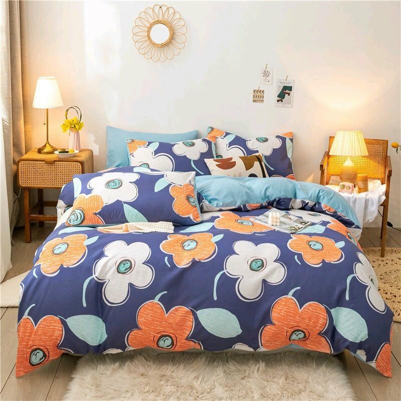 Bộ chăn ga Cotton Poly Hoa cam trắng phối ga xanh - Hàng nhập khẩu