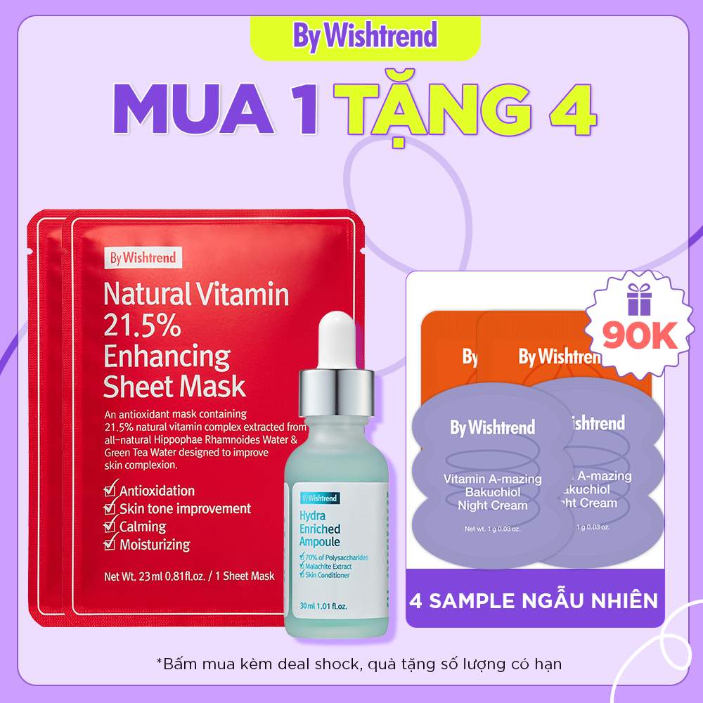 Combo By Wishtrend tinh chất Hydra Enriched Ampoule 30ml + 2 mặt nạ giấy Natural Vitamin 21.5% Sheet Mask 23ml