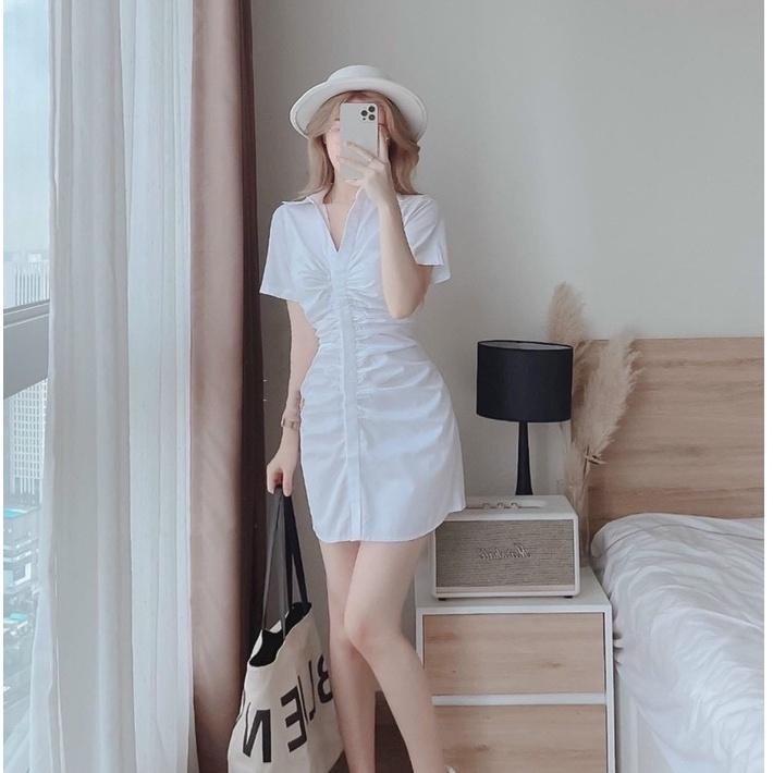 Đầm sơ mi nữ thời trang thiết kế nhún eo cài nút