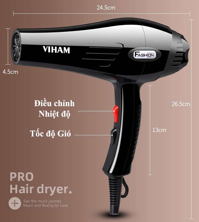 Máy Sấy Tóc VIHAM Công Suất 2000W, Tặng 3 Món Phụ Kiện - Hàng Chính Hãng