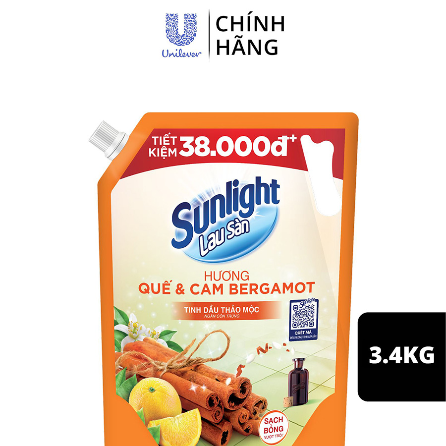 Nước lau sàn Sunlight Tinh dầu thảo mộc Ngăn côn trùng Hương Quế &amp; Cam Bergamot túi 3.4kg