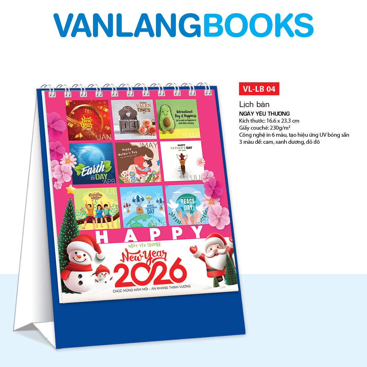 Lịch Bàn 2026 – Ngày Yêu Thương | Lịch Để Bàn Vanlangbooks | Mã: VLLB04 - Màu Xanh