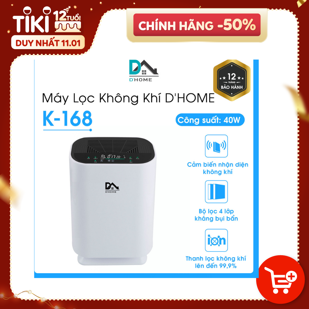 Máy Lọc Không Khí Dhome K-168 - Lọc Khói Bụi Và Vi Khuẩn, Bụi Mịn PM2.5 - Màn Hình Cảm Ứng -  Sử Dụng Cho Phòng (15-50m2) - Hàng Chính Hãng