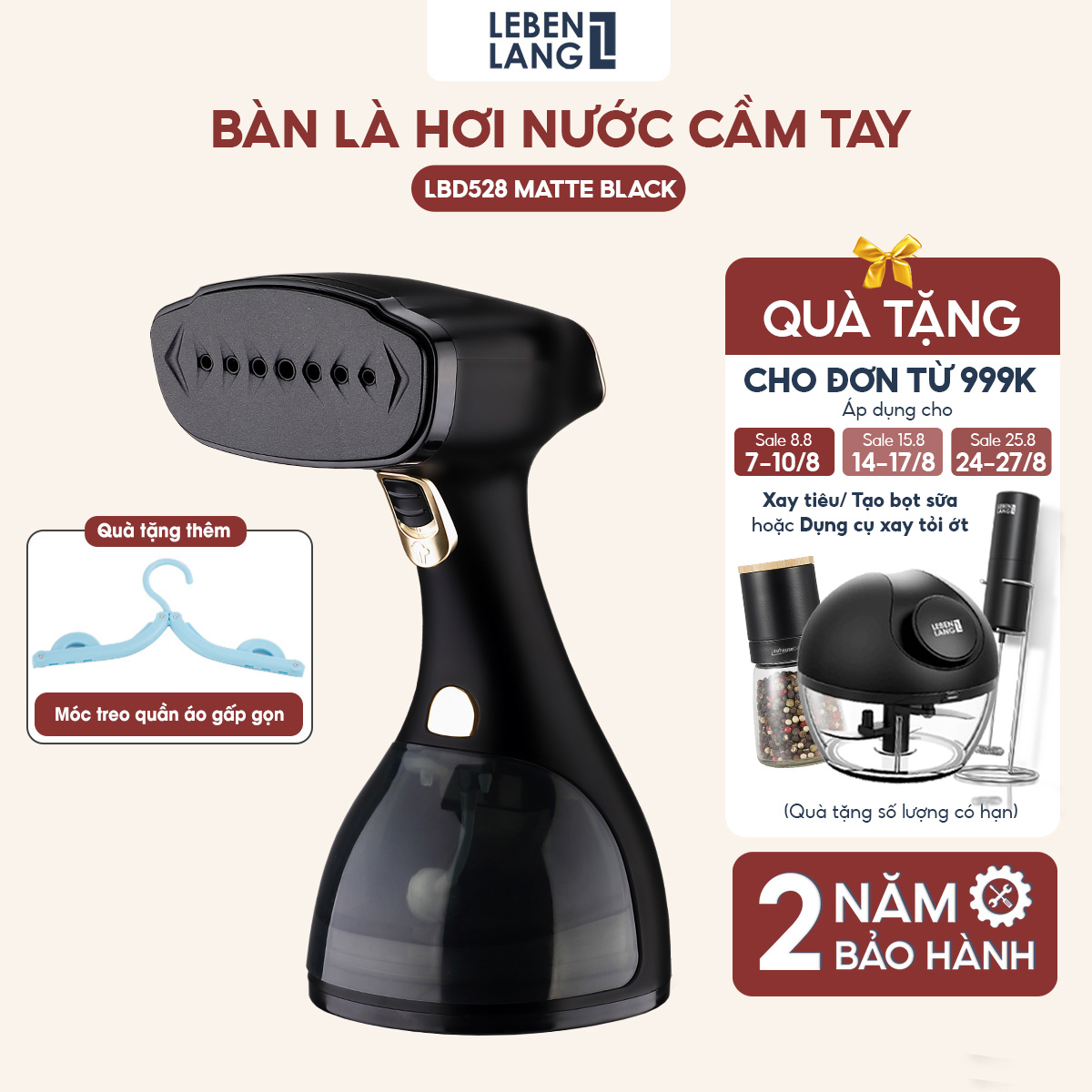 Bàn Là Hơi Nước Cầm Tay Lebenlang Công Suất 1500W, Dung Tích 300Ml Model Lbd528 - Hàng Chính Hãng - Màu Đen