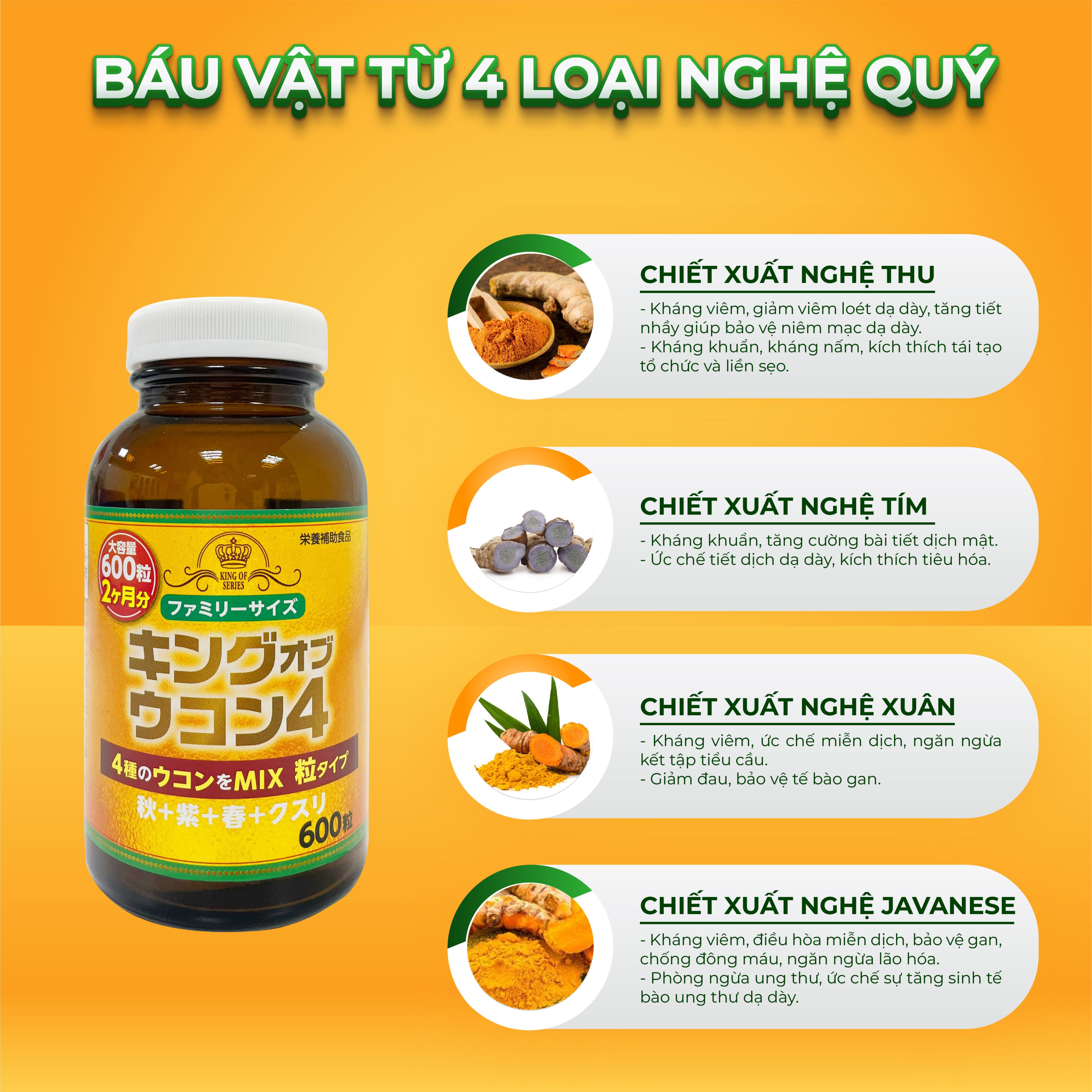 Viên uống chiết xuất nghệ Nhật Bản King Ukon - lọ 600 viên. Thực phẩm chức năng hỗ trợ bệnh lý tiêu hóa, cải thiện chức năng gan