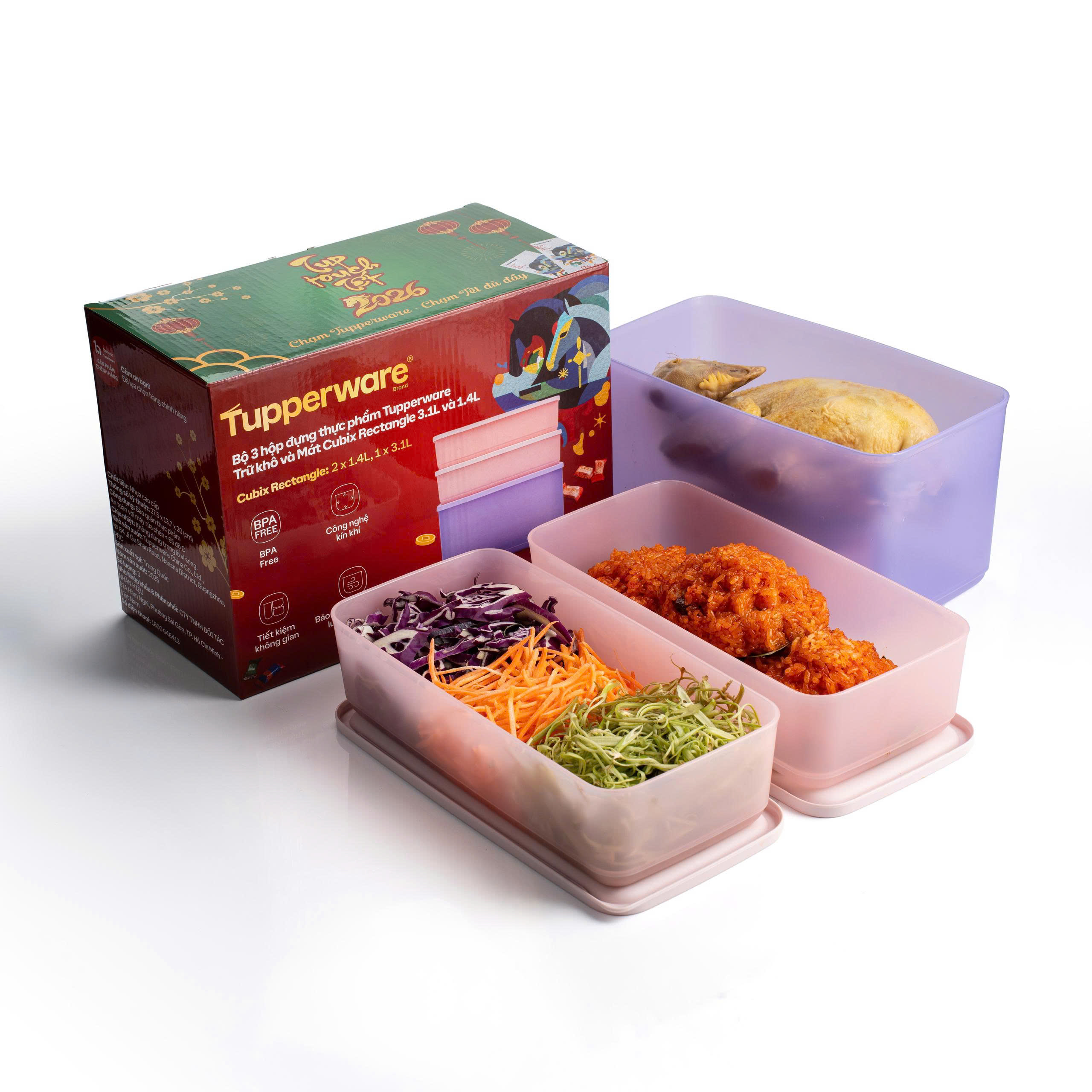 Bộ 3 hộp đựng thực phẩm Tupperware trữ khô và mát Cubix Rectangle 3.1L và 1.4L