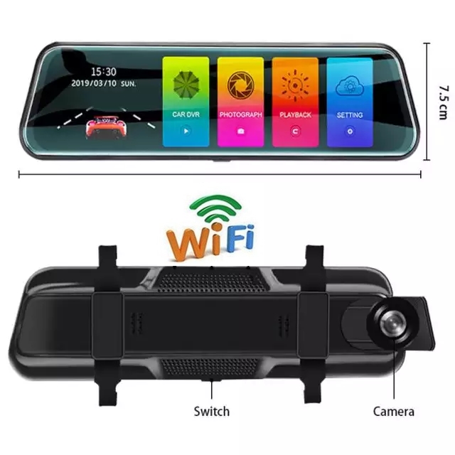 Camera WiFi hành trình ô tô Gương chiếu hậu 9.66 inch Full gương -Màn hình cảm ứng -Kết nối điện thoại video 2K sắc nét - Camera kép trước và sau