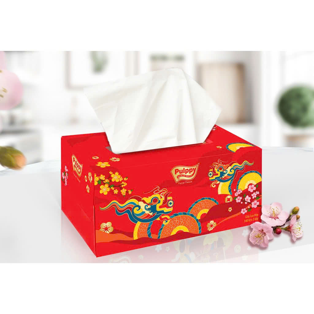Hộp Khăn Giấy  Đỏ Pulppy Tết May Mắn Ất Tỵ 2025 3 Lớp