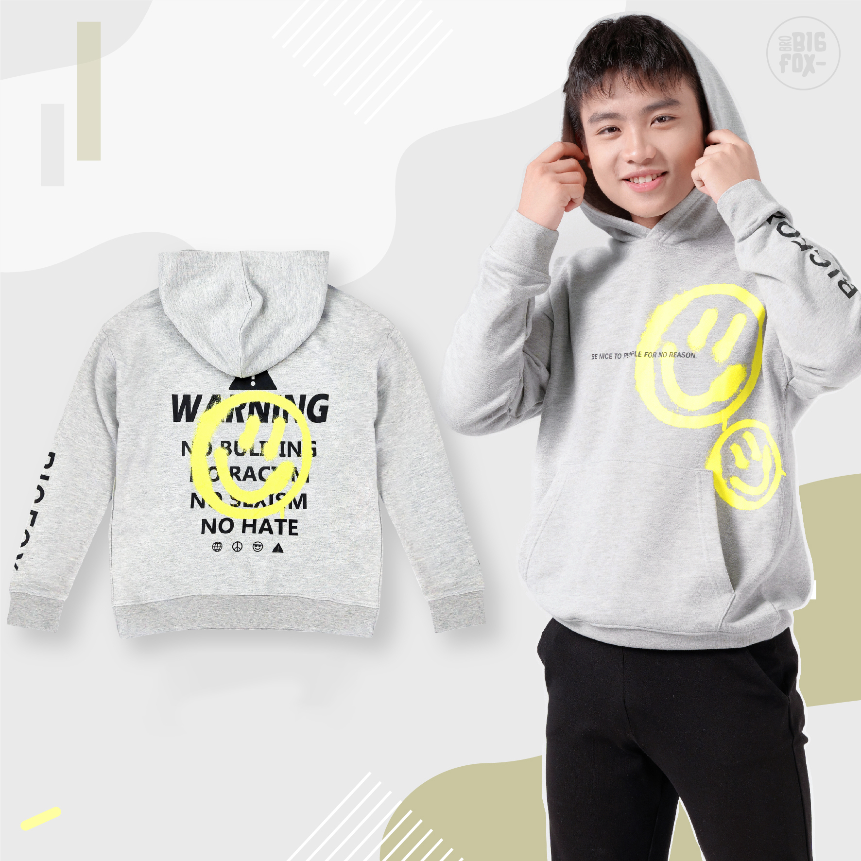 Áo khoác nam BIGFOX thu đông, áo hoodie nam tuổi teen dài tay hình mặt cười 45 - 65kg