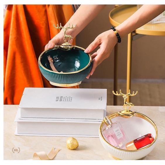 Bát Sứ Đựng Kẹo Phụ Kiện Decor 2022 | Âu Sứ Decor Kẻ Vàng Kim Vân Nổi Hình Hươu Mạ Vàng
