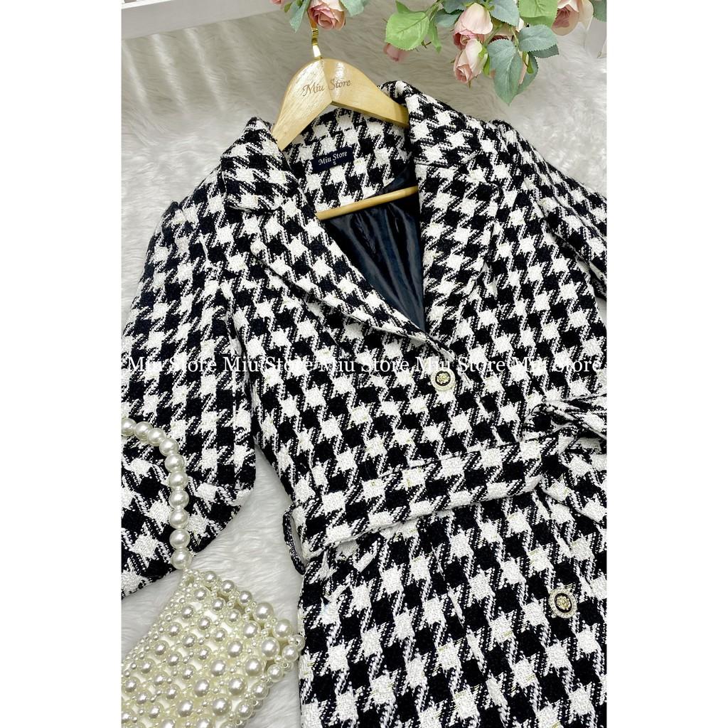 Áo khoác dạ nữ thiết kế dáng dài houndstooth cổ vest lịch lãm MIUSTORE AK00002