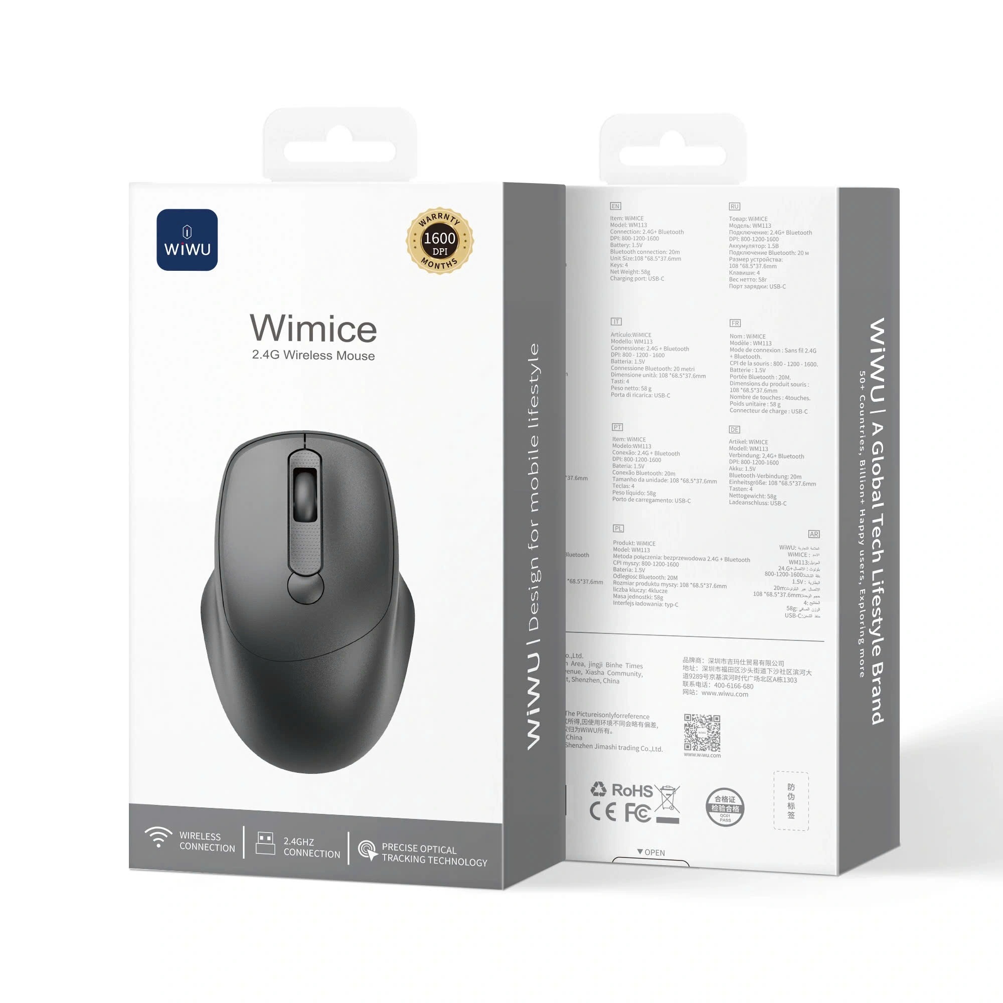 Chuột Không Dây WiWU WIMICE WM113 2.4G Wireless –Silent Click Êm Ái, 1600 DPI, Siêu Nhẹ 58g, 4 Phím Thông Minh, Dùng Pin AA, Thiết kế công thái học ôm tay - Hàng nhập khẩu