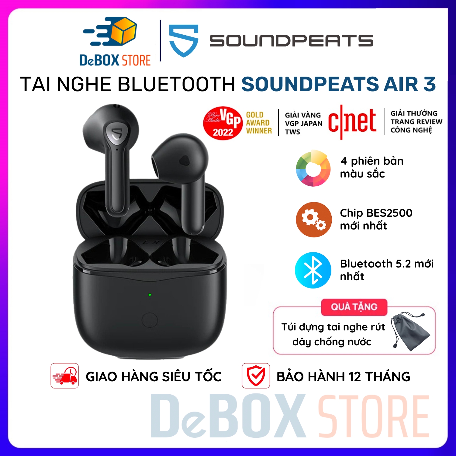 Tai nghe True Wireless Bluetooth Earbuds SoundPEATS Air3, Chip Qualcomm QCC3040, Driver 14,2mm - Hàng Chính hãng