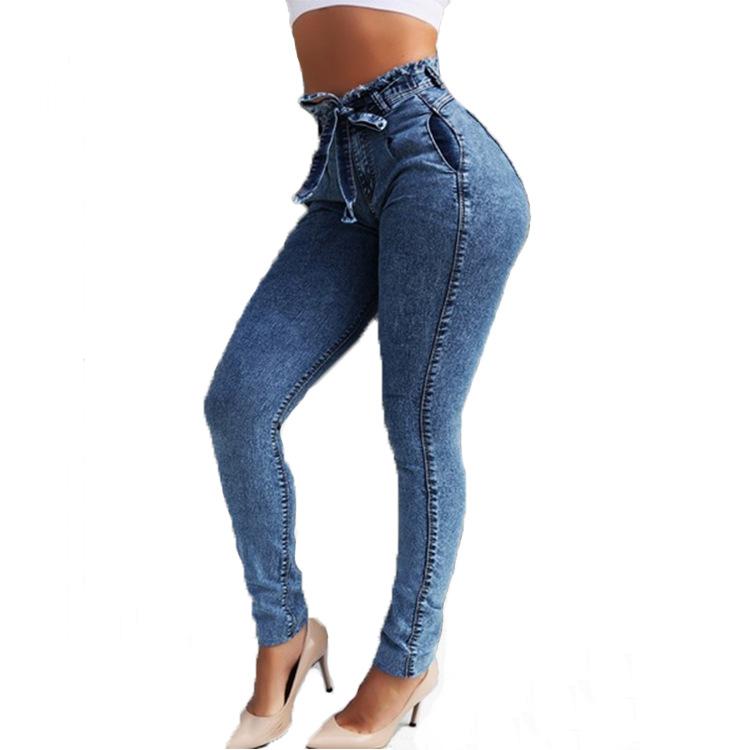Quần Jean Lưng Cao Cho Nữ Slim Căng Denim Jean Ôm Body Tua Rua Dây Băng Skinny Đẩy Lên Quần Lửng Jeans Nữ