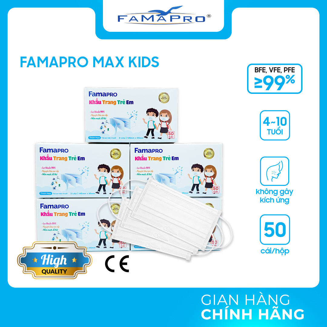 Famapro - Ktyt Max Kid Khẩu Trang Y Tế Trẻ Em Cao Cấp 3 Lớp Kháng Khuẩn Famapro Max Kid 50 Cáihộp - Combo 5 Hộp - Trắng