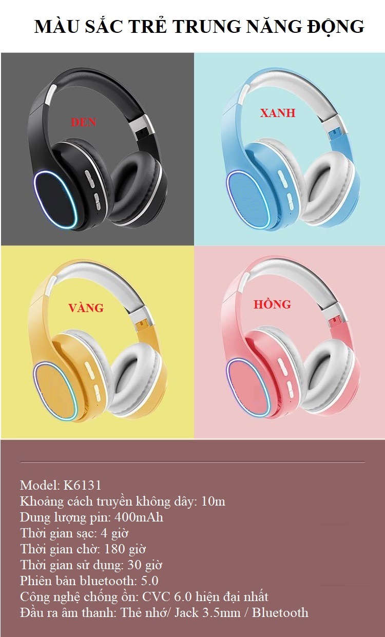 Tai Nghe Bluetooth️ Chụp Tai Dung Lượng Pin Lớn Thiết Kế Nhỏ Gọn, Độc Đáo K6131