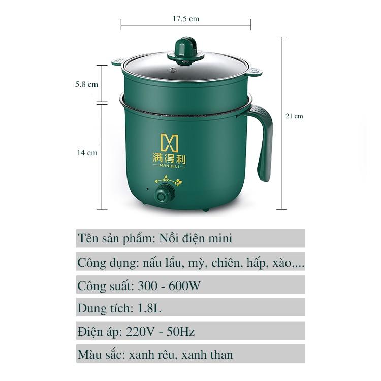 Nồi lẩu mini xanh đa năng 2 tầng  điện núm xoay 2 nấc nhiệt kèm giá hấp 1,8L