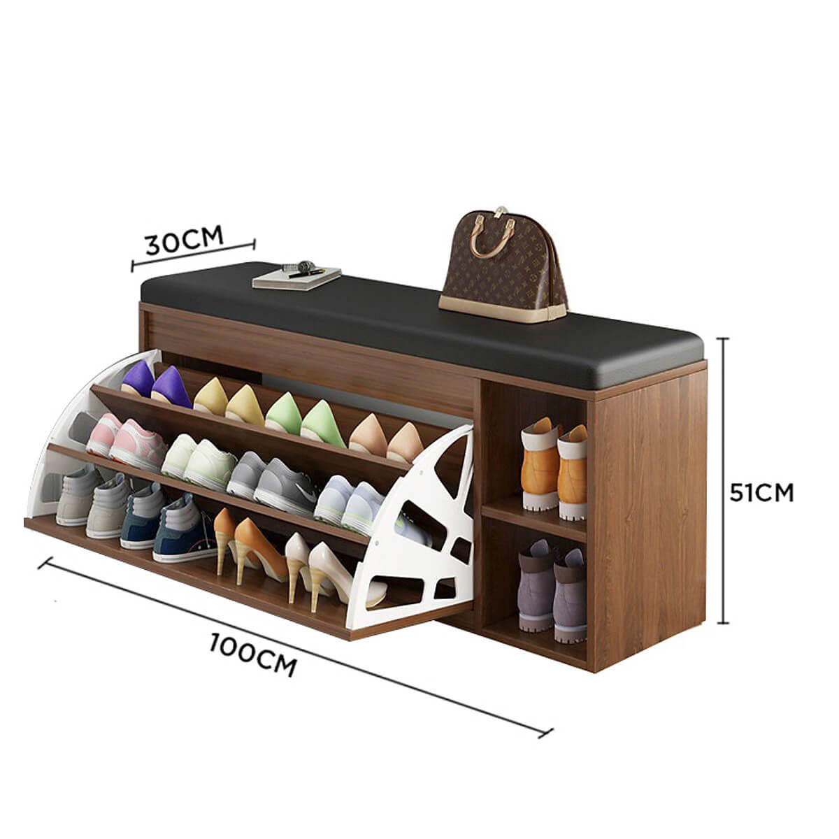 Tủ Giày Gỗ 100cm MDF Phủ Melamine Chống Ẩm Cánh Lật Siêu Gọn 3 Ngăn Kèm Ghế Đệm Da