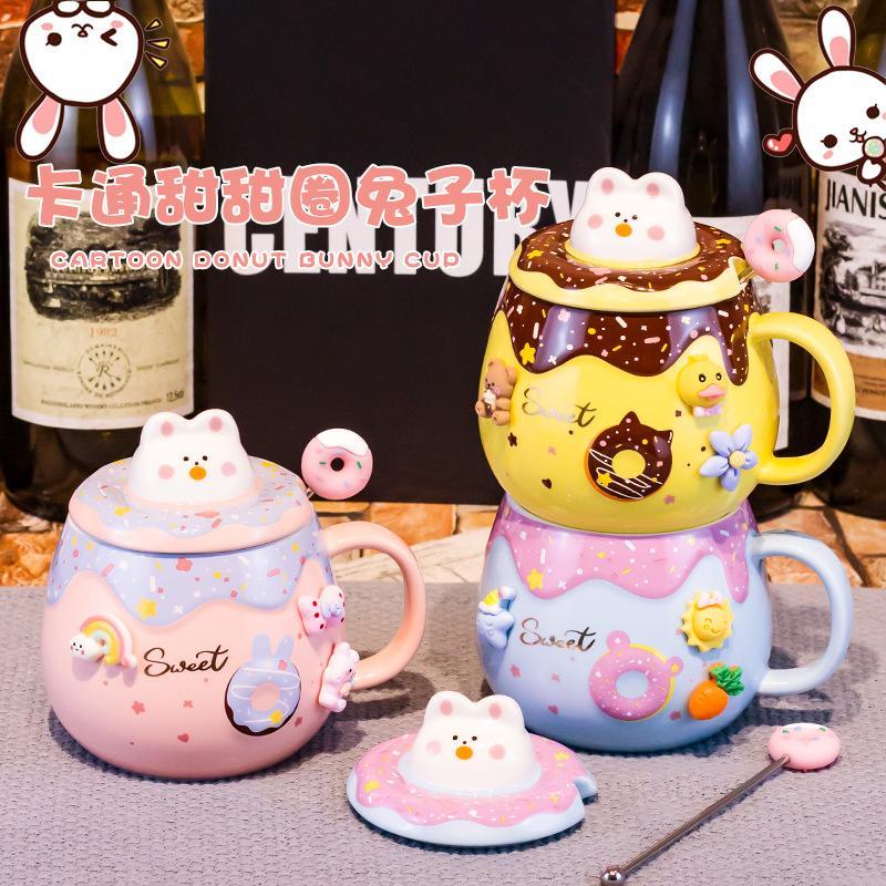 Cốc Sứ Donut Hoạt Hình Thỏ Dễ Thương Có Nắp 3D Và Thìa Khuấy Cute 400ml - Quà Tặng Trẻ Em Bạn Gái