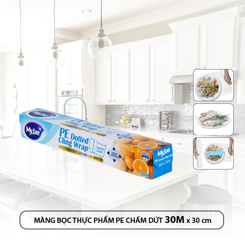 Màng bọc thực phẩm MyJae, PE chịu nhiệt 110 độ C, chấm đứt  (không cần dao cắt), 30cm x 30m