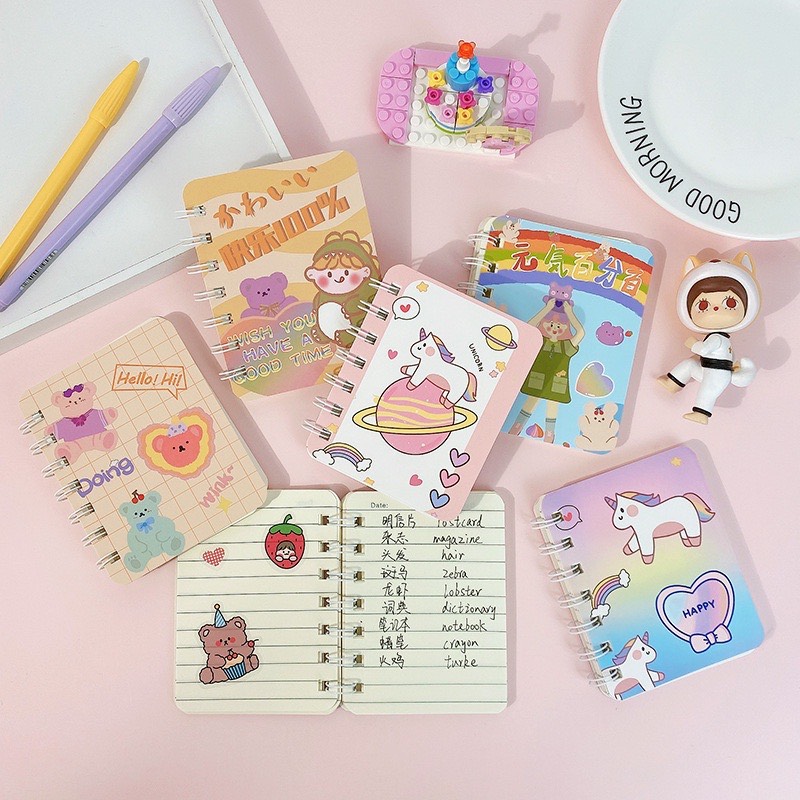 Sổ tay ghi chép lò xo mini 80 trang A7 có dòng kẻ nhỏ gọn bỏ túi, hoạt hình đẹp dễ thương