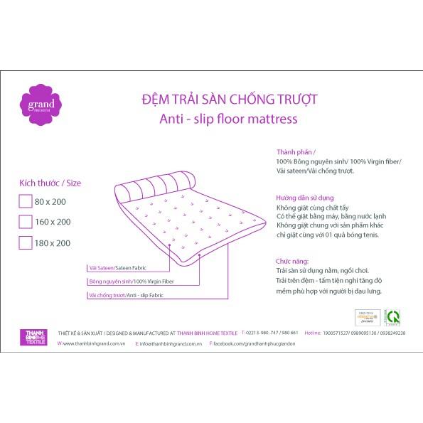 Nệm trải sàn chống trượt, 100% Virgin fiber, vải sateen, vải chống trượt, màu kẻ xanh