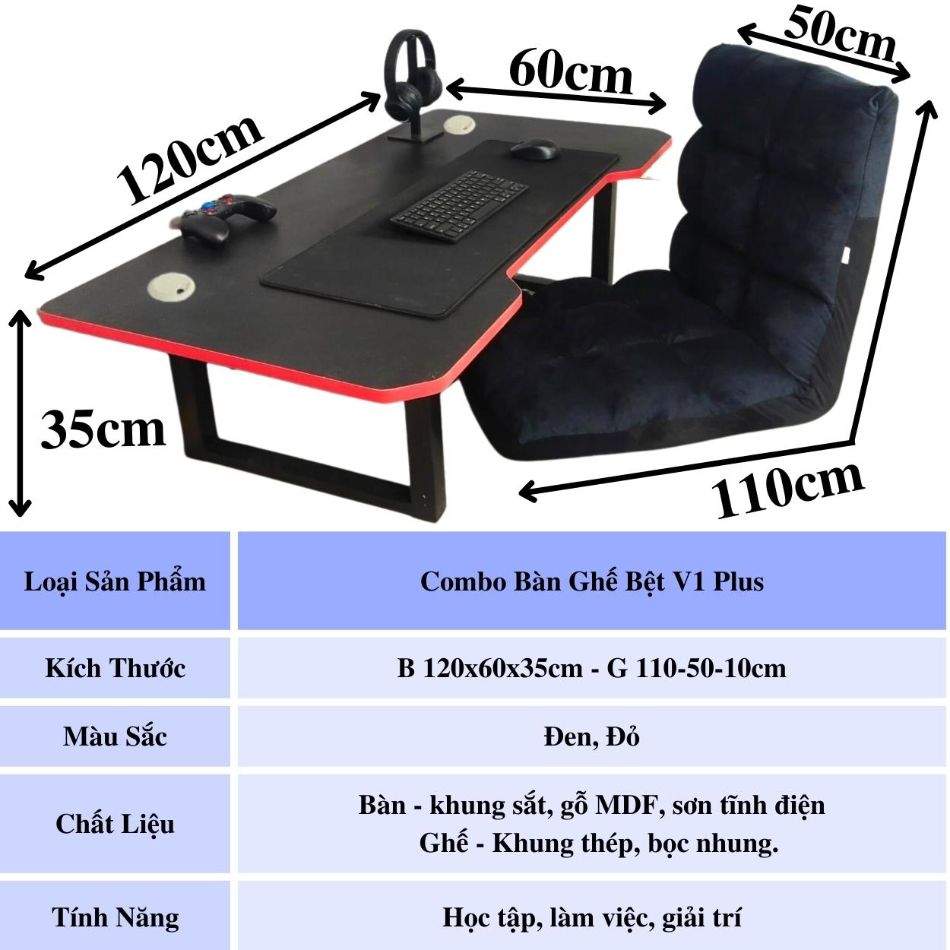 Combo Bàn Gaming Bệt Và Ghế Bệt Tatami Cao Cấp Loại 1 Gấp Gọn Tiện Lợi Dùng Làm Việc Học Tập Chơi Game - Fufutech