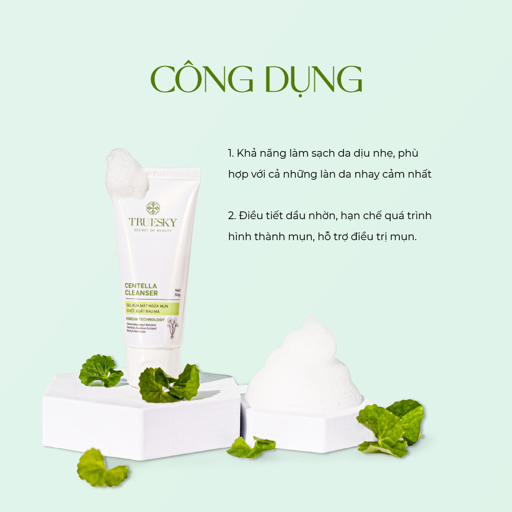 Sữa rửa mặt dành cho da dầu mụn nhạy cảm chiết xuất rau má Truesky Centella Cleanser 50g