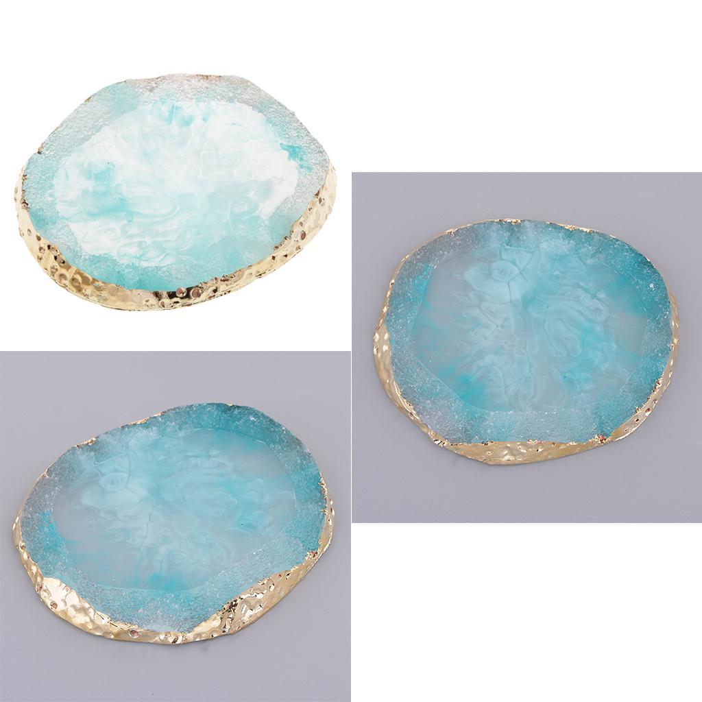 3x Gold Edge Imitation Agate Plate - Nail Art Coasters Cup Mat Pendant Blue