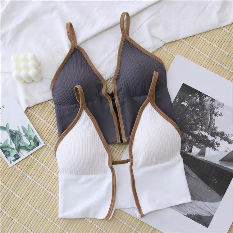 Áo Tập Bra Hai Dây Nữ Kéo Khóa Trước CopTop Dáng Ôm Dệt Kim Len Tăm Có Mút Ngực PINKBOUTIQUE