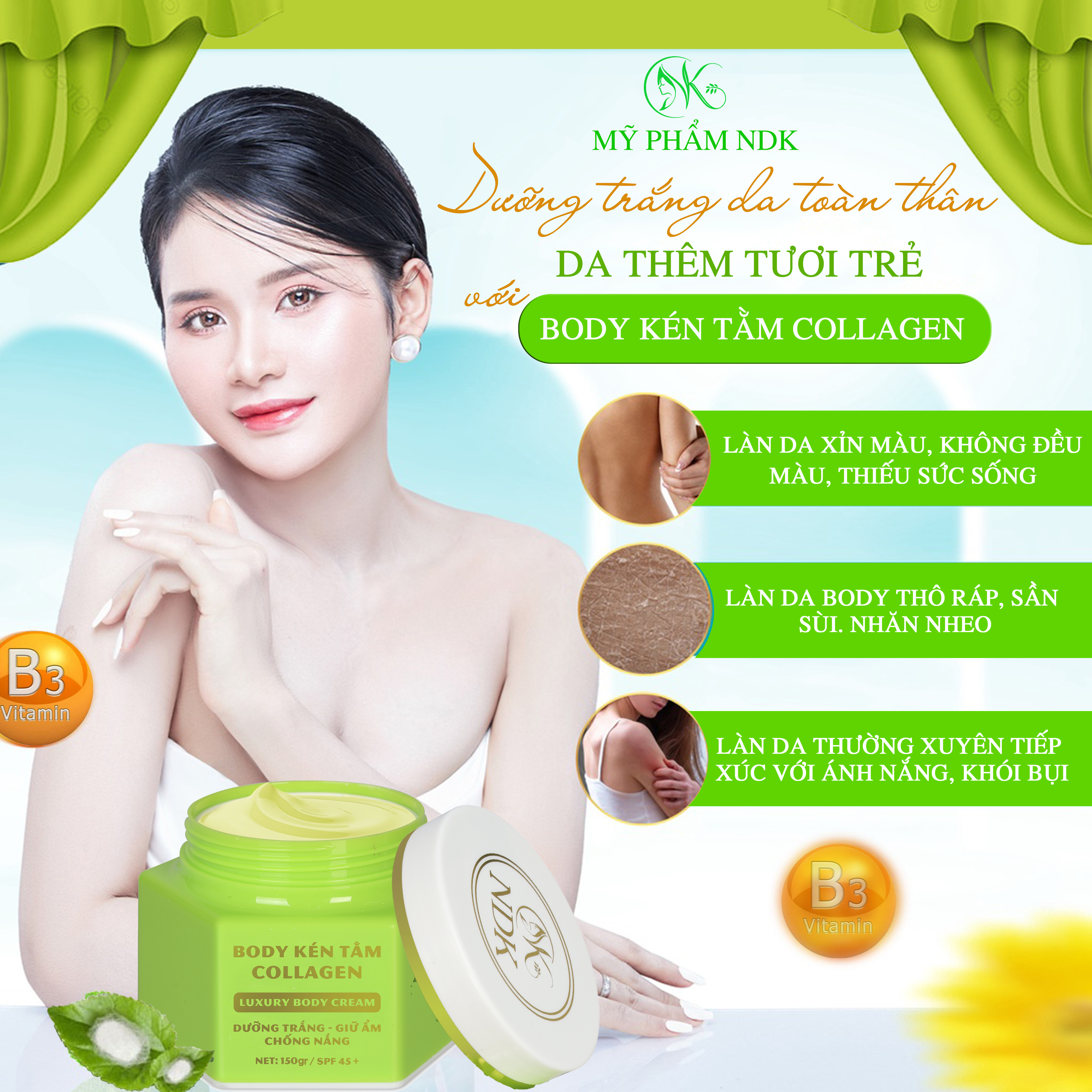 Combo 3 Hộp Kem Body Kén Tằm Collagen NDK trắng da toàn thân sau 2 tuần