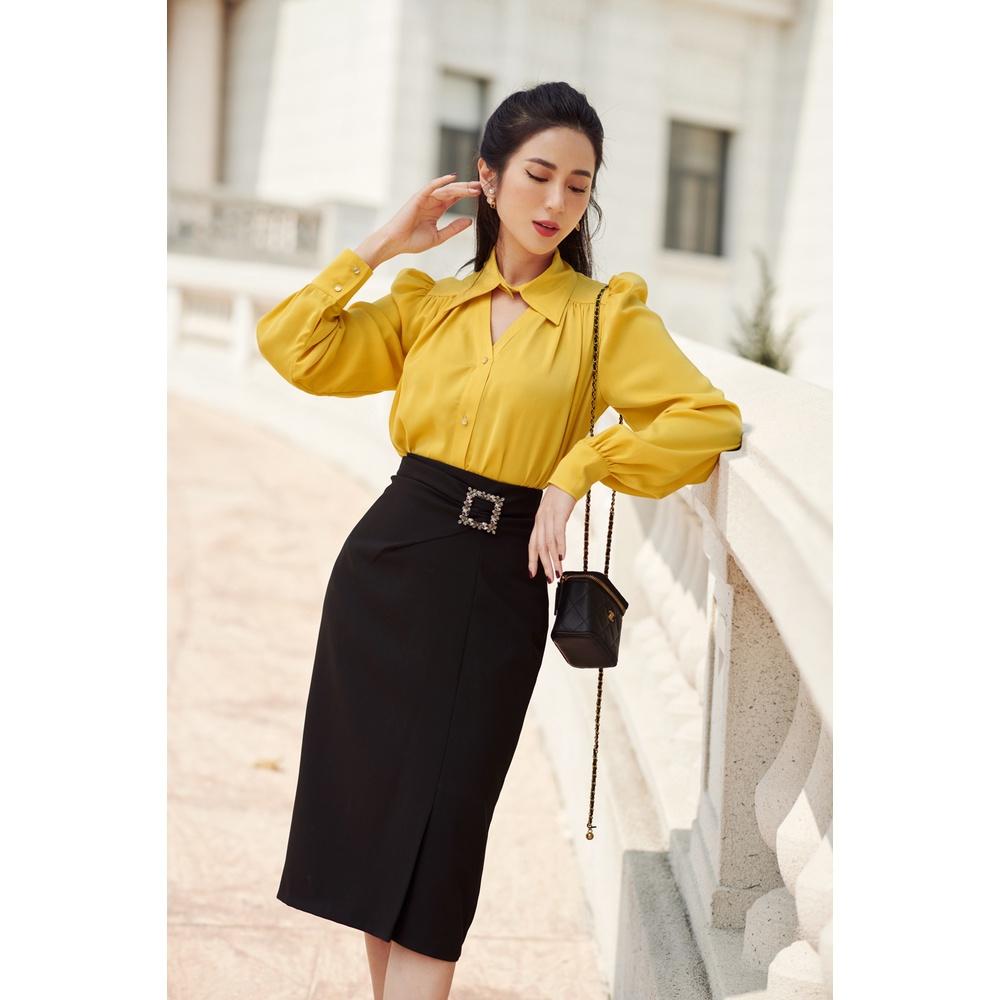 Áo sơ mi nữ cổ đức công sở tông vàng rực rỡ, cổ khoét tinh tế, vai bồng tiểu thư Peony - TENSIA TOP