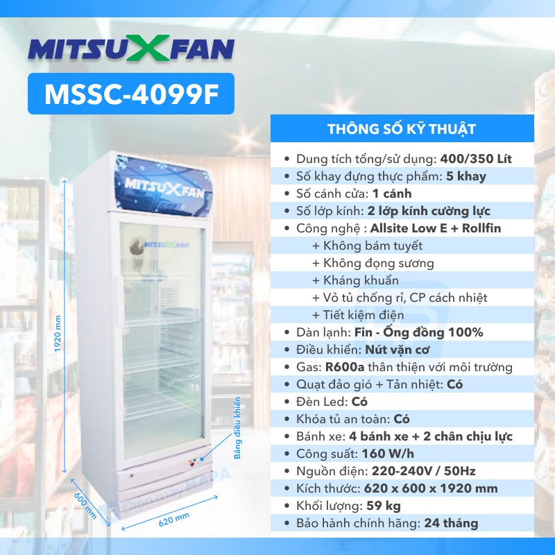Tủ Mát Cao Cấp MITSUXFAN MSSC-4099GWEI 400 Lít, Digital Inverter, Công Nghệ LOW-E, Kính Cường Lực Kép - Hàng Chính Hãng