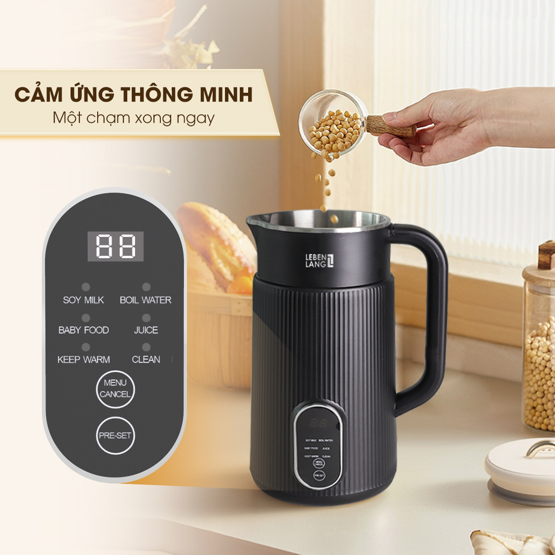 Máy làm sữa hạt đa năng Lebenlang LBL1589, làm sữa nhanh trong 25 phút, công suất 600W, dung tích 1L, bảo hành 2 năm - hàng chính hãng