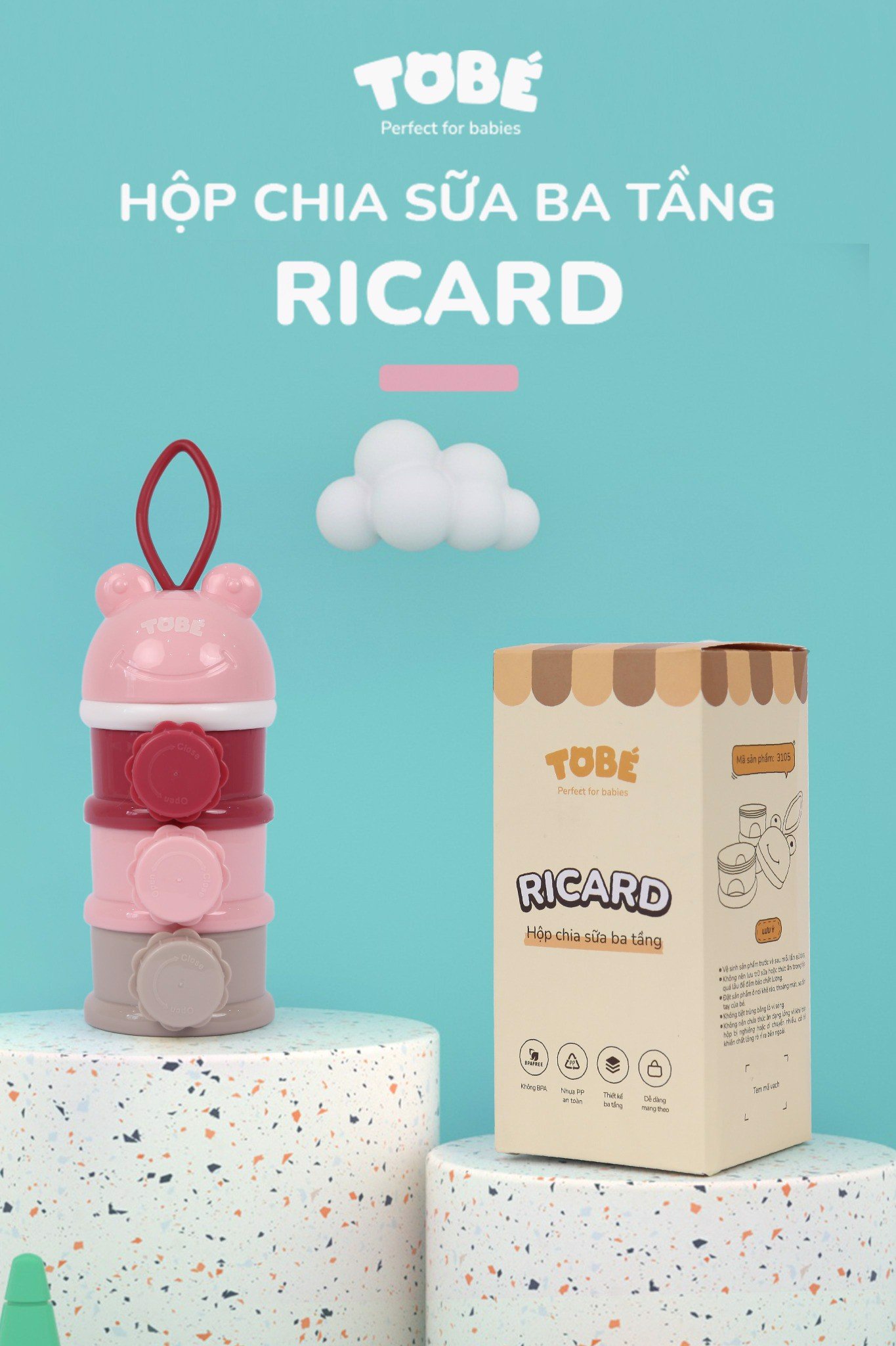 Hộp Chia Sữa 3 Tầng Ricard- Bình chia sữa cao cấp nhập khẩu Hàn Quốc có quai cầm tiện lợi cho mẹ, an toàn cho bé