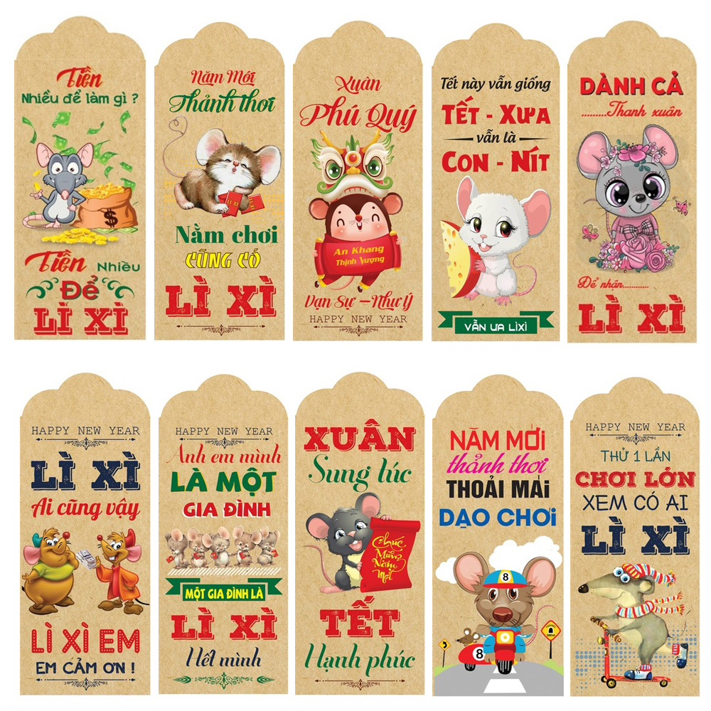 10 bao lì xì giấy kraft in hình chuột (nhiều mẫu ngẫu nhiên)