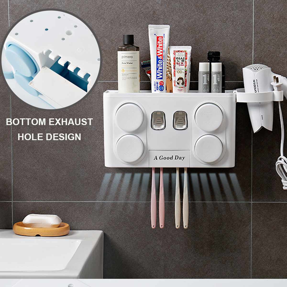 Giá treo bàn chải 4 cốc, nhả kem đánh răng kiêm giá để máy sấy tóc