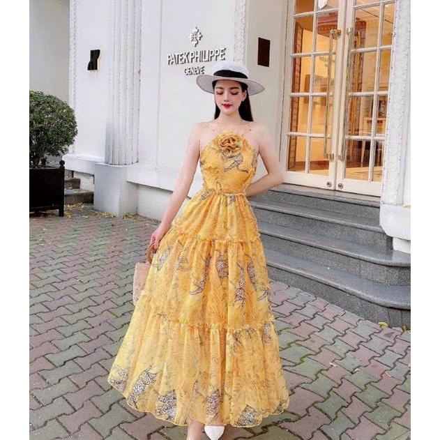 Đầm maxi voan hoa cổ yếm cột nơ đính bông siêu HOT