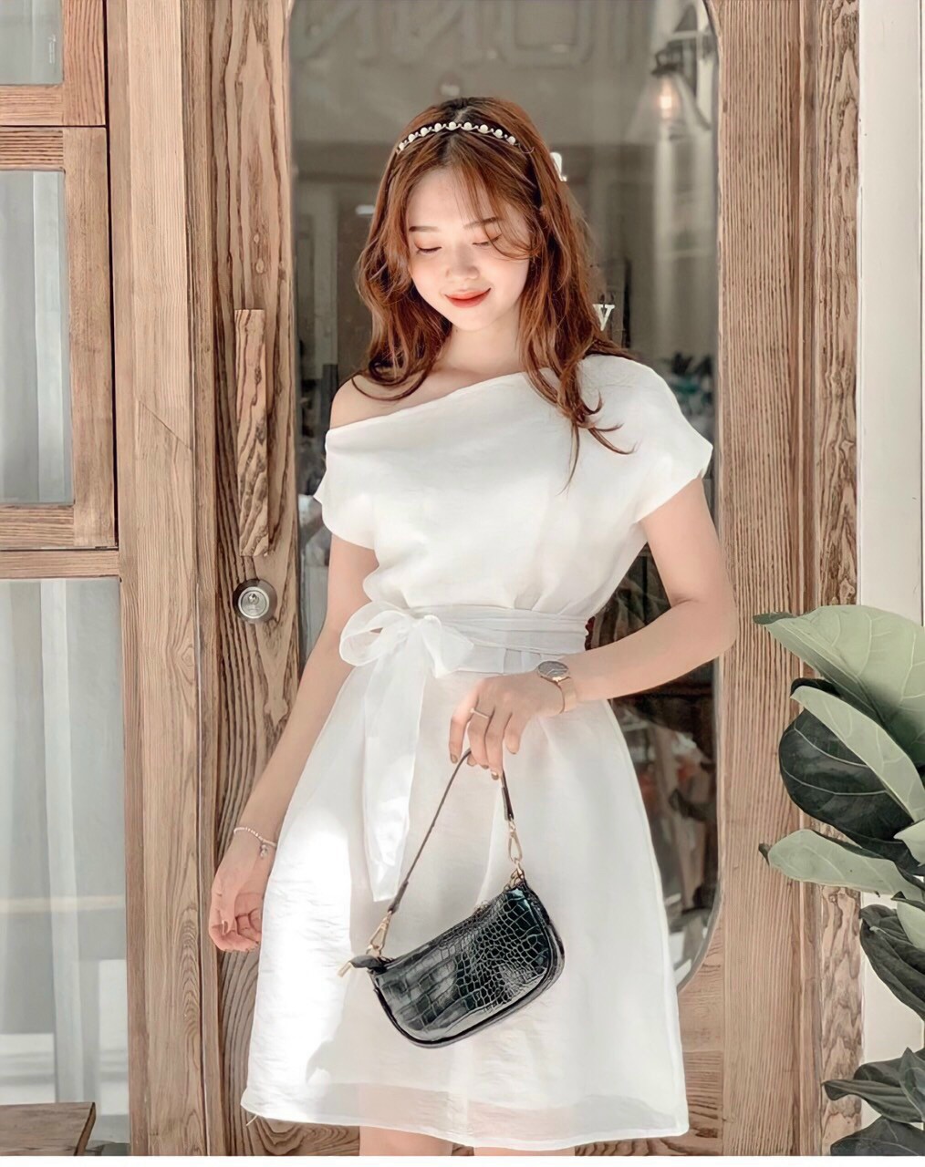 Đầm dự tiệc TANA D0148 đầm lệch vai cột nơ eo 3 màu Trắng, Đen, Nude mặc đi tiệc, đi chơi, chụp hình
