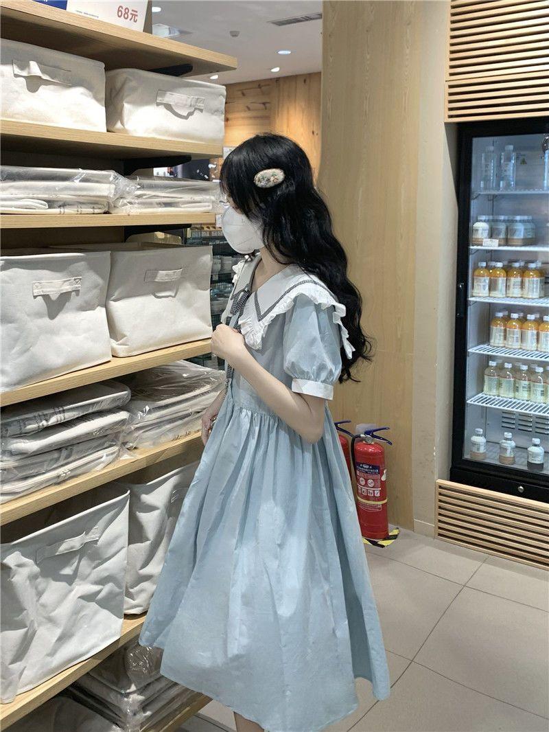 DIYIWEI Ngày hệ ngọt ngào dễ thương đại học gió búp bê cổ ngắn tay áo đầm mùa hè nhỏ giảm tuổi váy chữ a rộng thùng thình(@5