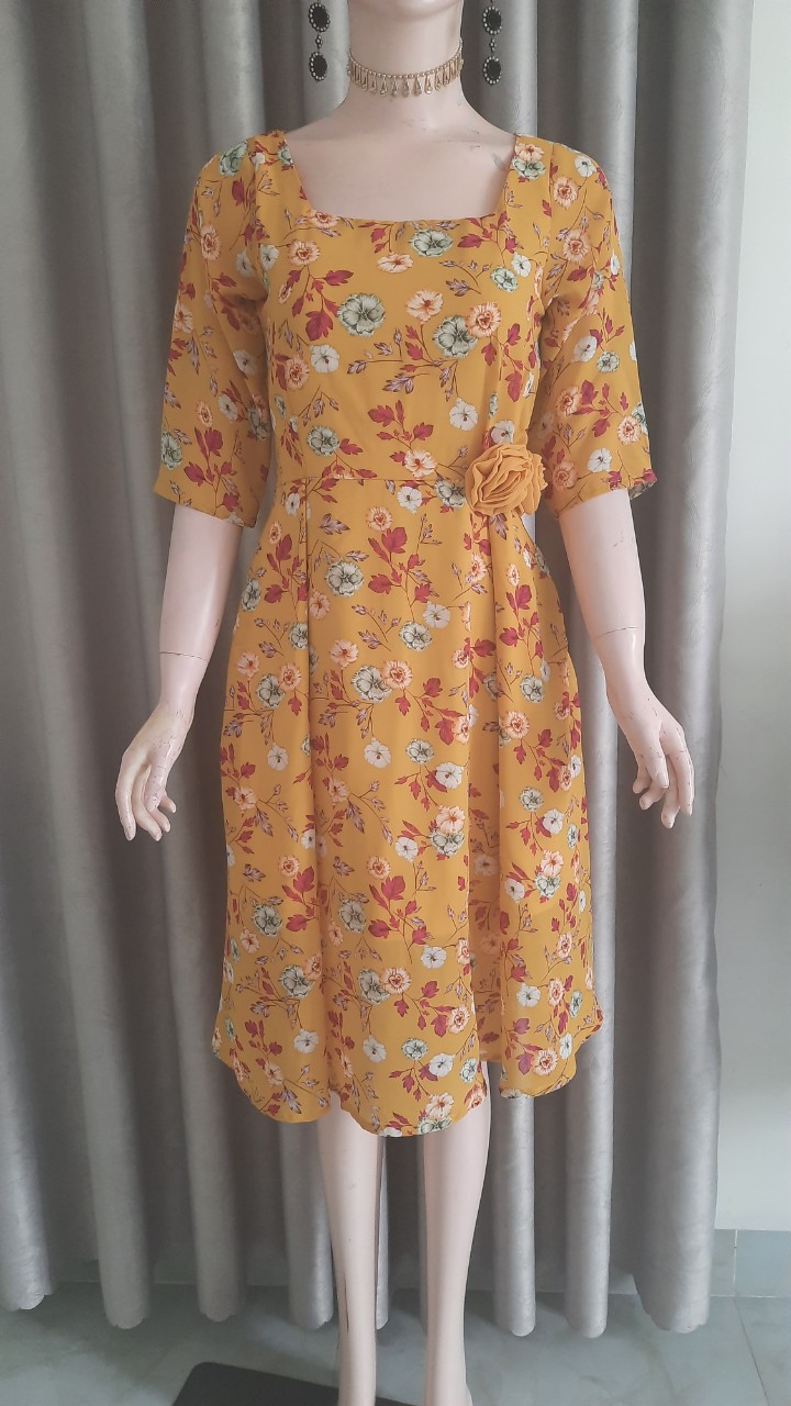 Đầm xòe hoa Vintage gắn hoa hồng-MS0574D